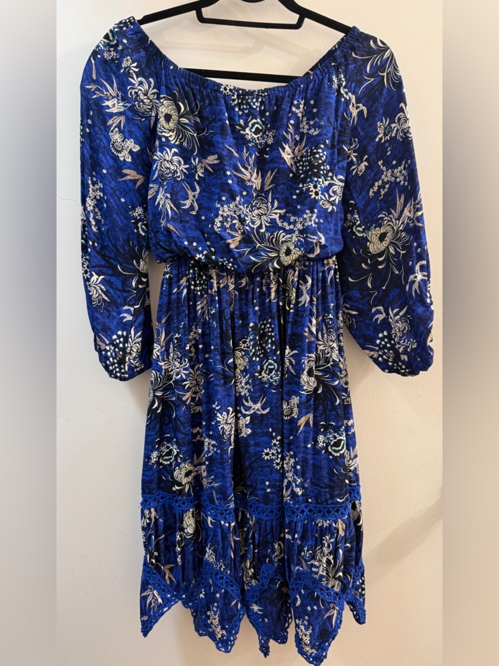 Jaase "Handshaped in the Shed" Boho Blue Floral Off-Shoulder Dress XS - Picture 12 of 12